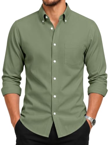 Men's Work Casual Long Sleeve Oxford Button-Down Shirt Olive Green L