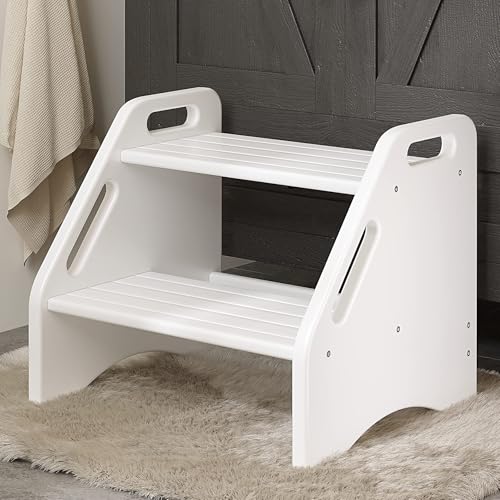 AMBIRD Wooden Two-Step Stool for Toddlers with Safety Non-Slip Pads and Handles, Bamboo Step Stool for Bathroom, Bedroom, Kitchen - Dual Height Step Stools for Children (White)