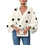 Blusa holgada de manga larga con cuello en V y lunares para mujer, holgada, de gran tamaño, estilo bohemio, para salir, blanco, S