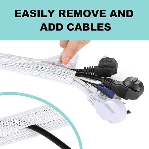 Image of AGPTEK Cable Sleeve, 2Pack 5ft - 1.6 inch Cable Management Desk Cord Cover Organizer Wire Hider for Home Office Computer TV Wire Loom Tubing Pet Proof Cord Protector from Cat Dog Chewing, White