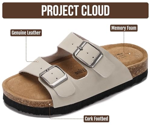 Image of Project Cloud Kids Sandals 100% Genuine Leather - Natural Cork Footbed Non-Slip Slides for Kids - Lightweight Boys & Girls Sandals - Water-Resistant Girls & Boys Sandals