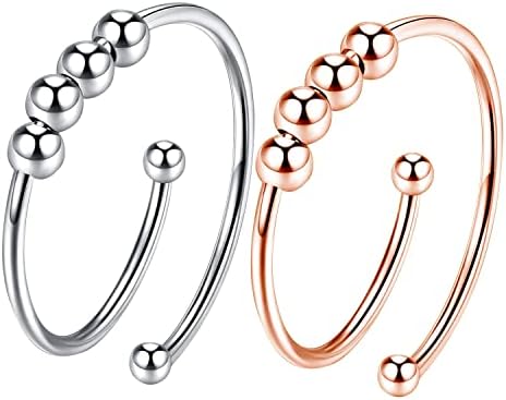 2 Pcs Anxiety Ring for Women, Anti Anxiety Spinner Rings with Beads Rotate Anxiety Fidget Rings Adjustable Spiral Beads Open Ring