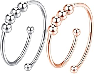 2 Pcs Anxiety Ring for Women, Anti Anxiety Spinner Rings with Beads Rotate Anxiety Fidget Rings Adjustable Spiral Beads Open Ring