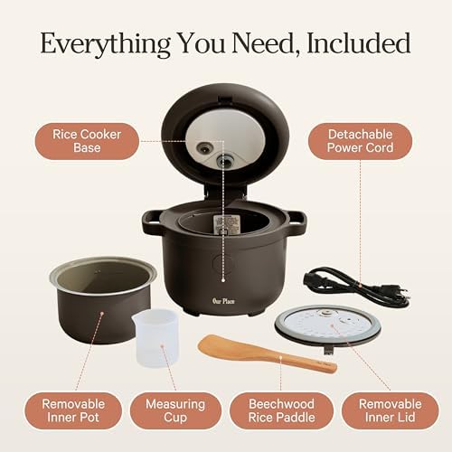 Our Place Rice Cooker | Compact Rice Cooker 3-Cup Uncooked / 6-Cup Cooked with Ceramic Nonstick Inner Pot | Fuzzy Logic Multi-Cooker for White & Brown Rice, Oatmeal & Grains | Delay Timer & Auto Keep Warm | Char — view 6