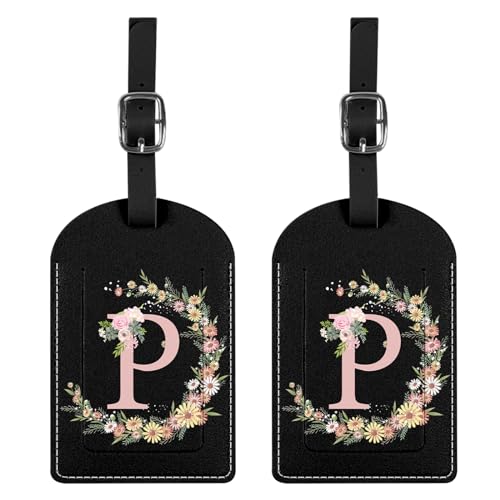 BHAHB 2 Pack Initial Letter Luggage Tag Monogram Luggage Tag PU Leather Suitcase Tags Funny Aesthetic Cute Flower Floral Monogrammed Travel Bag Labels for Women Girls (Letter-P)