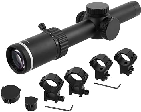 FOCUHUNTER 1-8x24 Optics Scope, Illuminated Red Reticle 11 Level View Finder Sight, Green Lens Coating, with Zoom Lever, 20mm Picatinny Weaver Mounting Rings & 11mm Dovetail Mount Ring