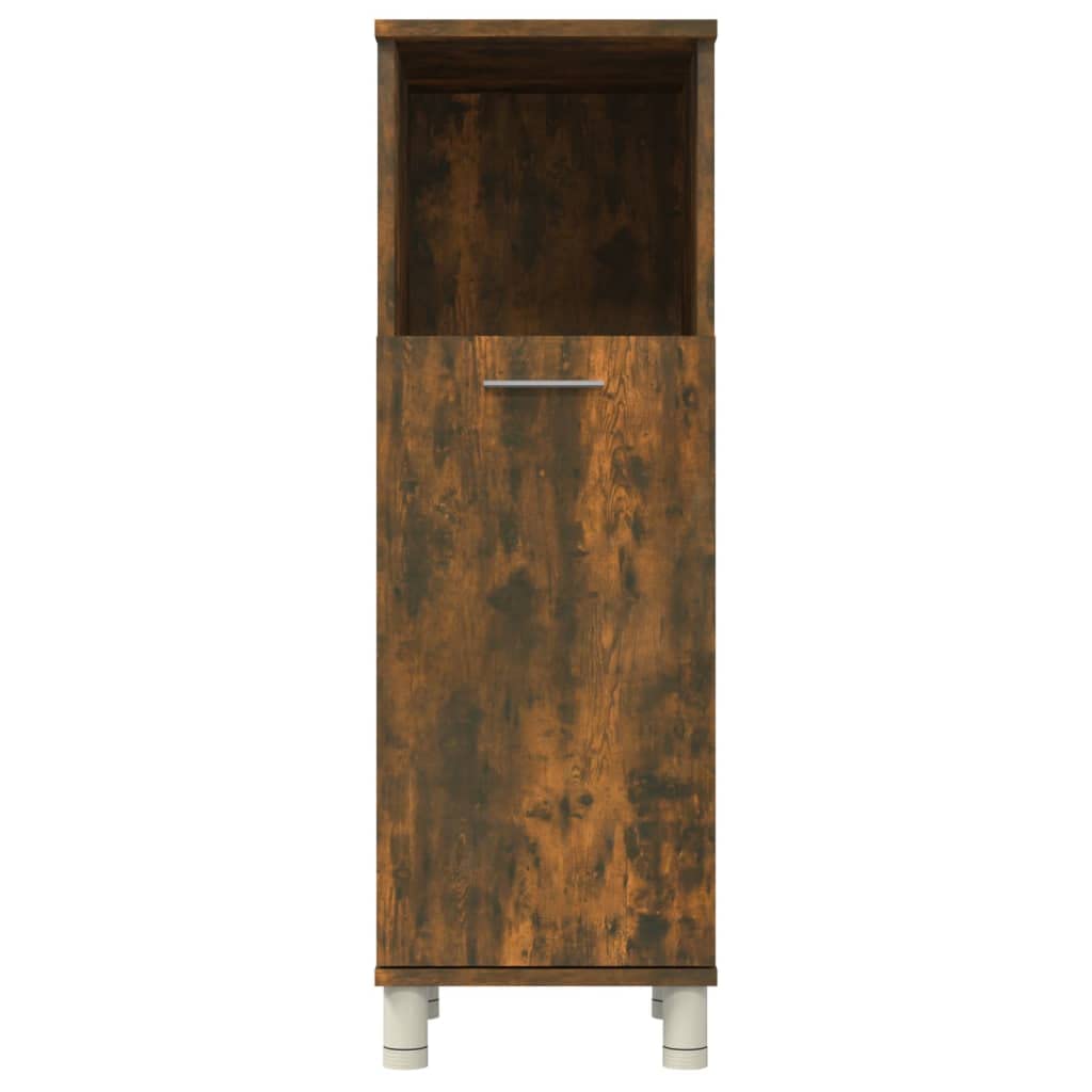 Armario de baño de roble ahumado de madera de 30 x 30 x 95 cm con 3 compartimentos y puerta, independiente, soporte alto, soporte de pared para baño, lavadero e inodoro de invitados