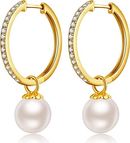 Jiahanzb 18K White Gold Plated Pearl Earrings from Austria 925 Sterling Silver Earrings Hypoallergenic Pearl Drop Earrings Fine Jewelry Gift for Women
