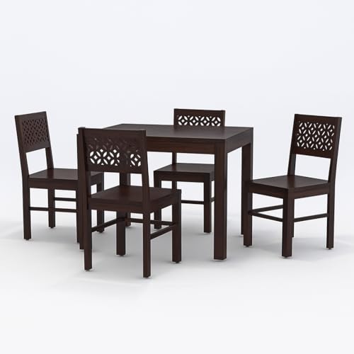 Image of 45 Inch Length Solid Sheesham Wood 4 Seater Dining Table Set | Four Seater Dinner Table with 4 Chairs | Dinning Table Set 4 Seater for Living Room | Wooden Table & Chair Set | Walnut Finish