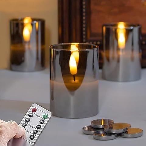 Mavandes 2”x 3” LED Real Glass Silver Grey Flameless Tea Light Candles with 6 Cr2450 Batteries,Pack of 6 Flickering Battery Operated Small Real Wax Timer Votive Candles with Remote Control Cover