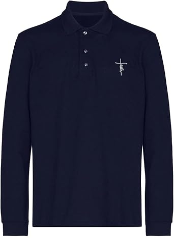Mens Polo Shirts Cross Faith Embroidered Long Sleeve Polo Shirt Cotton Tennis Shirts for Men