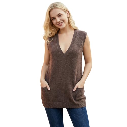 Image of Felcia Women's Fall Sweater Vest Casual Sleeveless V Neck Solid Color Loose Tank Tops Knitwear (A-Dark Brown, S)