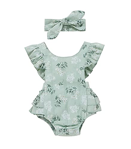 Image of Baby Girls Daisy Playsuits Ruffled Bodysuit+Headband Print Fly Sleeve Romper Floral Jumpsuit Infant Summer Clothes Light Green 0-6 Months