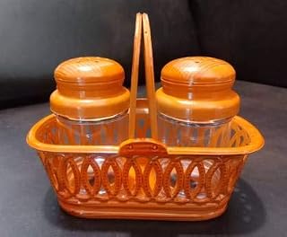 Nabhya Complete Dining Table Set of Pickle Jars, Salt and Pepper Dispenser, Toothpick Holder and Spoon Holder(Wooden Look Design, Plastic) (Basket)