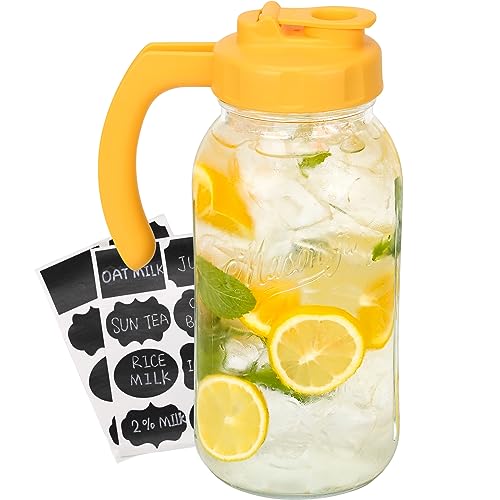 Soligt Glass Mason Jar Pitcher with Lid, Wide Mouth Flip Cap Pour Spout Leak-proof Lid with Handle, 64 oz (2 Quart /1.9 Liter), for Sun Tea/Iced Tea/Juice/Cold Brew Coffee/Milk (1 Pack, Vivid Yellow)