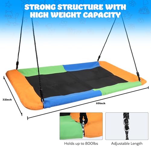 Image of 60 inch Giant 800lbs Rectangular Tree Swing for Kids and Adults,Large Outdoor Tree Swing Waterproof with 2 Hanging Straps