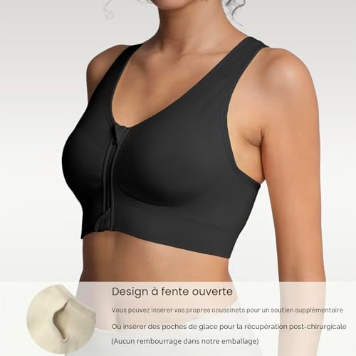 Lemef Soutien-Gorge de Sport à Fermeture éclair Avant à Compression élevée pour Femmes après Chirurgie sans Fil avec Dos Nageur pour Le Yoga, Noir, S – vue 4