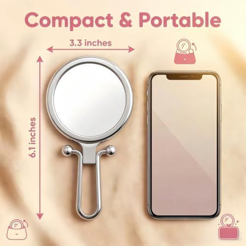Lanboon Magnifying Handheld Mirror Double Sided, Travel Makeup Hand Mirrors with 1X 2X Magnification, Small Hand/Desk Vanity Mirror (1Pc Silver) - 2