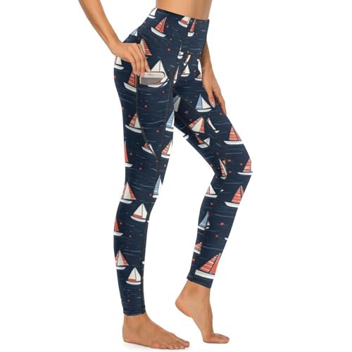 Pantalon de yoga avec poches anti glissement imprimé voilier