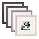 Egofine 8x8 Picture Frame Set of 4 Multicolor Solid Wood Frames Covered by Plexiglass, Display 4x4/6x6 Photo with Mat, Gallery Wall Picture Frames for Tabletop or Wall Mounting, Mixed Colors