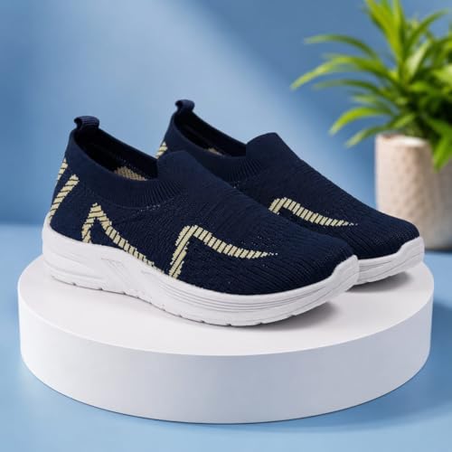 Image of Kids Navy Blue Knit Slip-On Sneakers for Boys | Lightweight Breathable Casual Walking Shoes with Geometric Pattern & Cushioned Sole