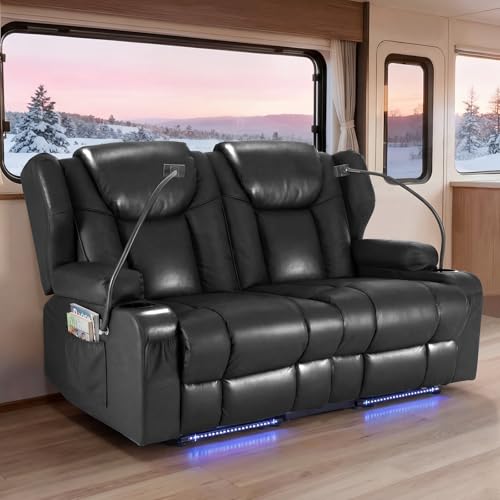 Image of Redlife Power Loveseat Recliner Sofa, PU Leather Dual Reclining Couch with Vibration & Heating, Blue LED Base Lights, USB Ports, Cup Holders & Phone Holders, Home Theater & RV Reclining (Black)