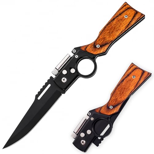 Mfitjetng AK47 Pocket Knife Folding EDC Knife with LED Light Wood Handle and Deep Carry Pocket Clip for Camping Hiking Fishing Gift for Men (Black-Wood)