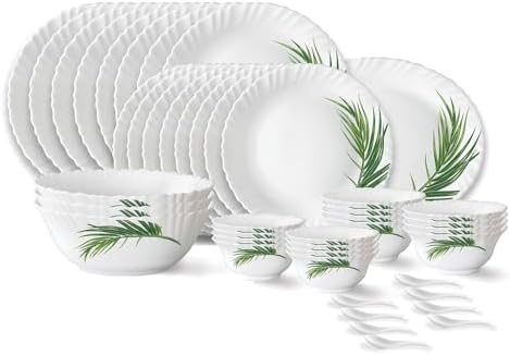 Larah by Borosil Crescent Fluted Series Opalware Dinner Set | 44 Pieces for Family of 8 | Microwave & Dishwasher Safe | Bone-Ash Free | Crockery Set for Dining & Gifting | Plates & Bowls | White