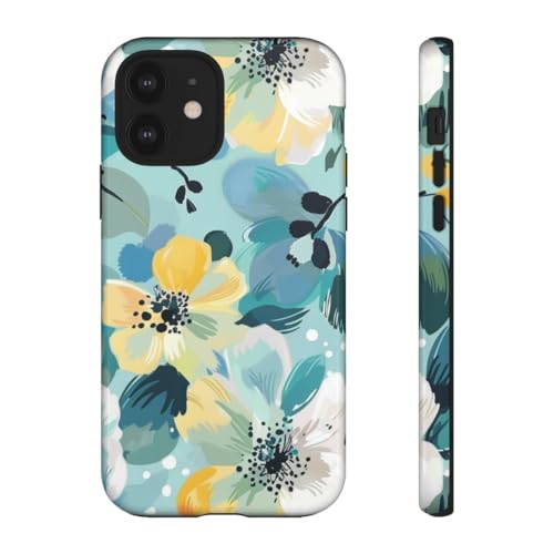 Coque iPhone 12 rigide antichoc à motif floral brillant turquoise et blanc