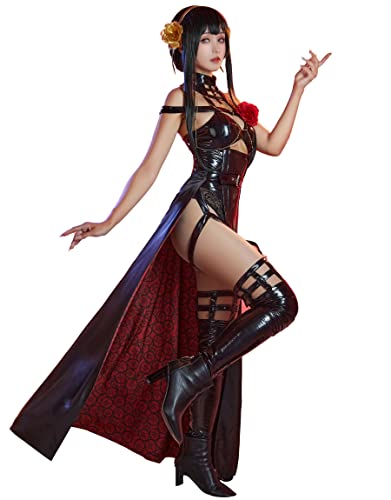 MEOWCOS Women’s Cosplay Costume Anime Lingerie Bodysuit with Waist Cloak and Stockings Flowers Clip