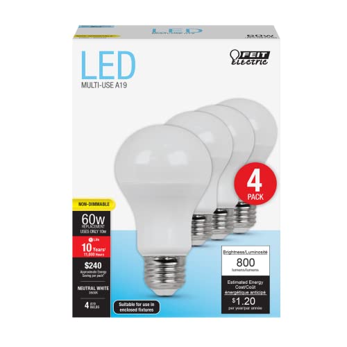 Feit Electric A800/835/10Kled/4 60W Equivalent 8.5 Watt A19 Non-Dimmable Led Light Bulb (4-Piece), 3500K Neutral White, 4.2" H X 2.4" D #TOP6