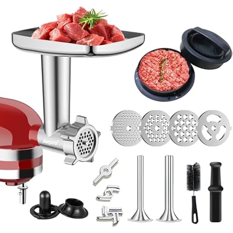 Metal Food Grinder Attachment for KitchenAid Stand Mixers,Meat Grinder Attachments Included 2 Sausage Stuffer Tubes,Burger Press,Sausage Maker & Kubbe Kit Perfect for Home Kitchen Use by Airpro Cover