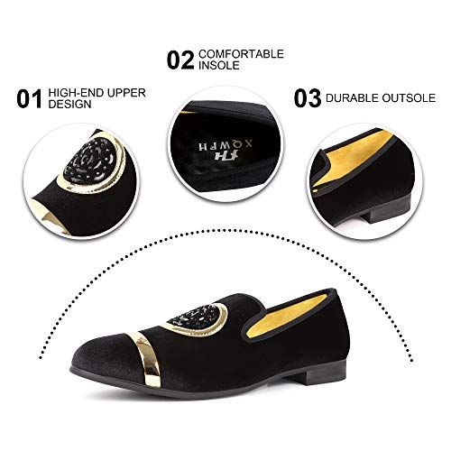 XQWFH Mens Rhinestone Loafers Velvet Tuxedo Dress Shoes with Gold Plate Smoking Slippers Slip-On Penny Party Wedding Casual Shoes by XQWFH - Used condition - Image 4
