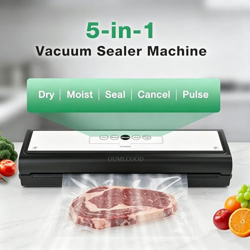 GUMLCOOD Automatic Vacuum Sealer Machine for Food with 10 Storage Bags, 5-in-1 Food Sealer for Seal a Meal, Dry & Moist Food Prep, Compact Vacuum Sealers for Freezer Preservation — view 4