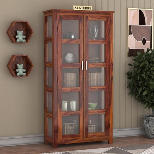 Image of Wood Book Shelf with Acrylic Glass Door, Wooden BookCases for Home Library, Crockery Units, Kitchen Cabinet, Study Room, Shelves, Home & Office, Honey Finish