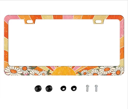 Retro Sun License Plate Frame - Boho Floral Daisy Decorative Car Tag Aluminum Flower License Plate Holder 2 Holes with Screw