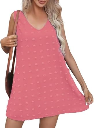 Womens Swiss Polka Dot Beach Cover Up Dresses Summer Vacation Swimsuit Tank Dress V Neck Sundress with Pockets