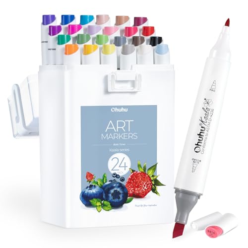 Ohuhu Alcohol Markers - Double Tipped Art Marker Set for Artists Adult Coloring - Alcohol-based Refillable Ink - 24 Basic Colors - Slim Broad & Fine Dual Tips - Kaala Markers Pen Gift by Ohuhu - Used condition - CA$17.11