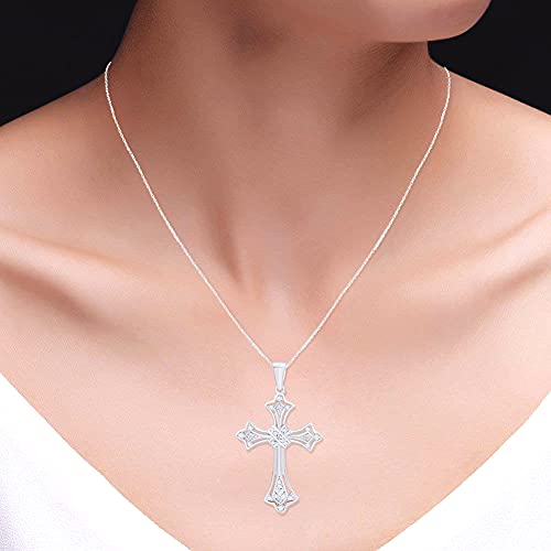 AFFY Round Shape White Natural Diamond Accents Cross Pendant Necklace In 14k Gold Over Sterling Silver 5