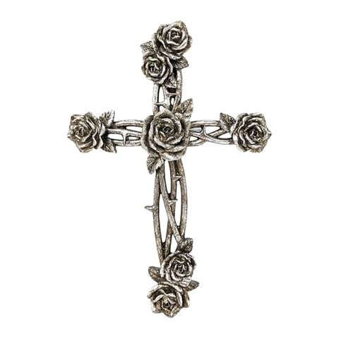 AMAJY Rustic Vintage Style Resin Silver Tone Rose and Thorn Cross Spiritual Wall Art Decor Cover