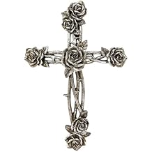 AMAJY Rustic Vintage Style Resin Silver Tone Rose and Thorn Cross Spiritual Wall Art Decor