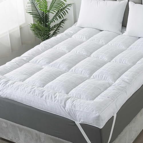 WhatsBedding 5 Inch Duck Feather Bed Mattress Topper Queen, 100% Cotton Extra Thick MattressPad...