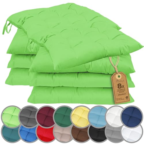 NatureMark Lot de 8 Galettes de Chaises avec Rubans 40x40 cm – Coussin de Chaise Épais pour Intérieur & Jardin – Couleur Vert Pomme