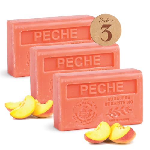 Savon Solide parfumé à la Pêche – Enrichi en Beurre de Karité Bio – Savon Parfumé - 100% Végétale- Fabriqué en Provence – Main & Corps Hydratant – 3x125g