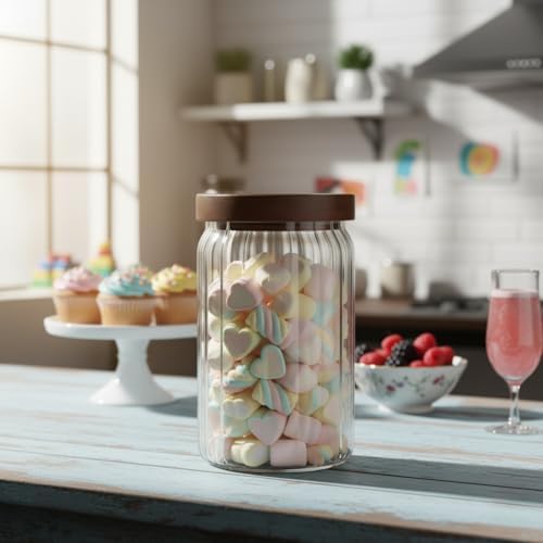 Deconox Akasya Kapaklı Çizgili Cam Kavanoz (750 ml) | Hava Geçirmez, Modern Fitilli Tasarım Gıda Saklama Kabı | Bakliyat, Kahve, Çay ve Kuruyemiş Kavanozu (9x15 cm) - Görsel 1