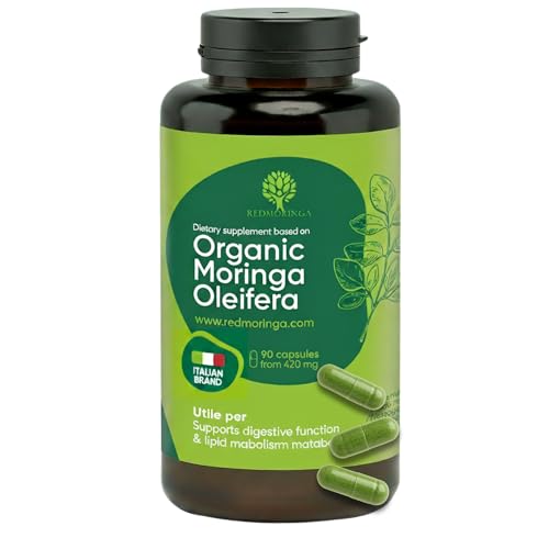 Organic Moringa Oleifera Capsules – 100% Natural Superfood | High Fibre Supplements | Supports Digestion, Metabolism & Immune System | 90 Moringa Capsules Made in Italy - RedMoringa