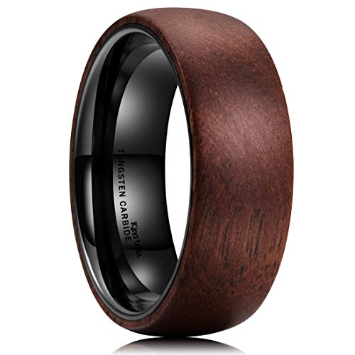 King Will 8mm Tungsten Carbide Ring Dome Inner Hole Plated Black Inlaid with Wood Comfort Fit 6.5
