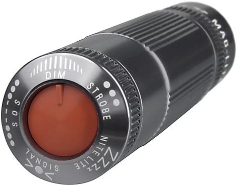 Close-up of MagLite XL100 tail cap switch with mode selections: Dim, Strobe, Nite Lite, Signal, SOS