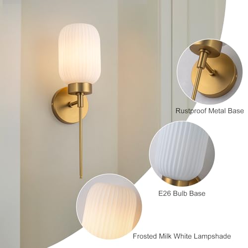 Image of Gold Bathroom Wall Sconce, 1-Light Single Bathroom Vanity Light, Modern Brass Wall Sconce with Frosted Milk White Striped Glass Shade for Bedroom Hallway Entrance