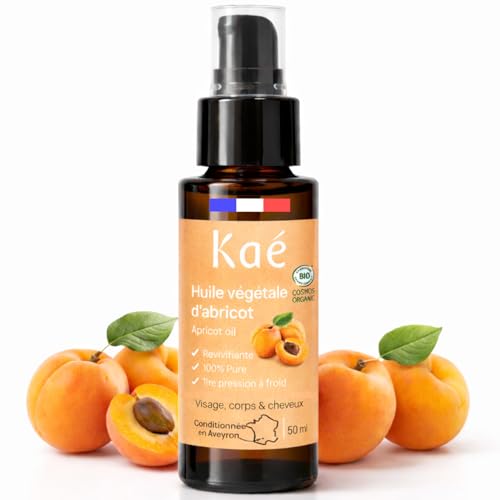 KAÉ Huile d’Abricot Certifiée Bio 50ml Conditionnée en France - Soin Beauté Femme Nourrissant et Anti-Rides - Éclat du Teint, Peaux Sèches, Visage Corps Cheveux, 100% Pure, Pression à Froid